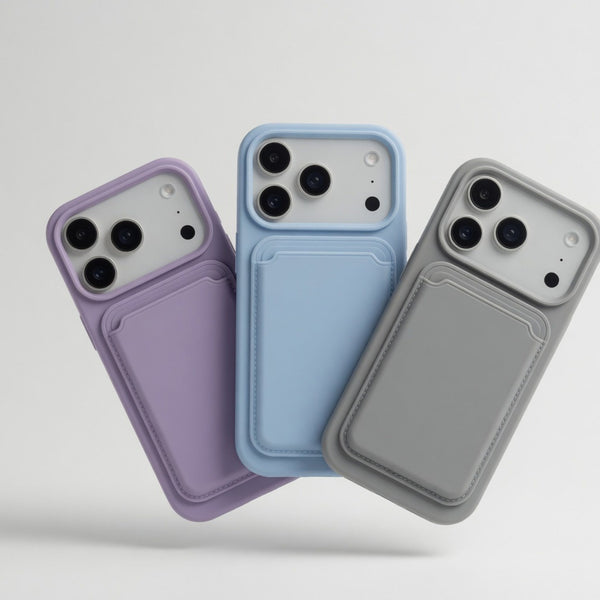 Silicone MagSafe wallet phone case colours Purple Blue Grey fan lineup